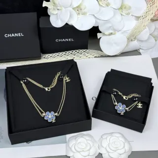Chanel Camélia Flower Blue Enamel Gold-Tone Double Chain Necklace