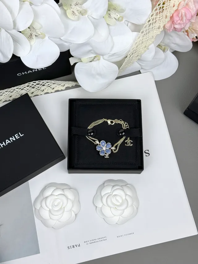 Chanel Camélia Flor Esmalte Azul Dorado Doble Cadena Collar 5
