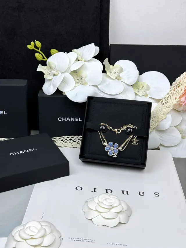 Chanel Camélia Flor Esmalte Azul Dorado Doble Cadena Collar 6