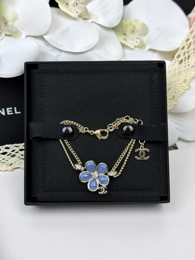 Chanel Camélia Flor Esmalte Azul Dorado Doble Cadena Collar 7