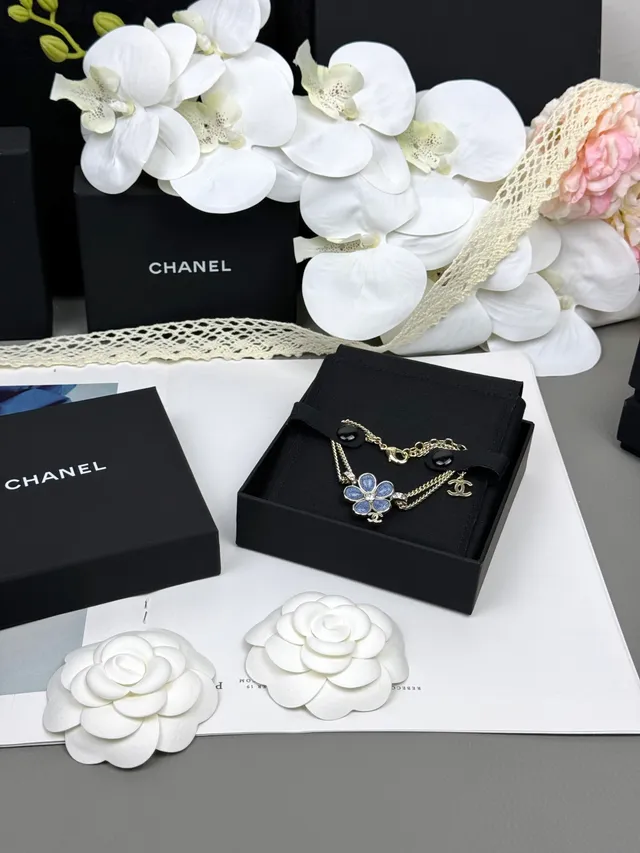 Chanel Camélia Flor Esmalte Azul Dorado Doble Cadena Collar 8