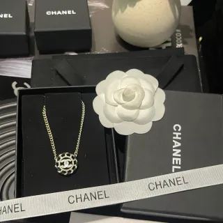 Chanel Camellia Pendant Black Gold Interlocking CC Logo Braided Rope Motif Necklace