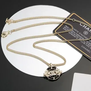 Chanel Camellia Pendant Gold-Tone Black Enamel Necklace