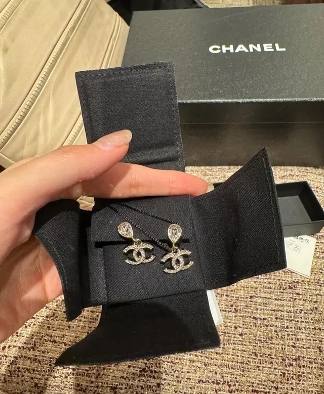 Chanel CC Logo Drop Gold Transparent Crystal-Embellished Motif Earrings 5
