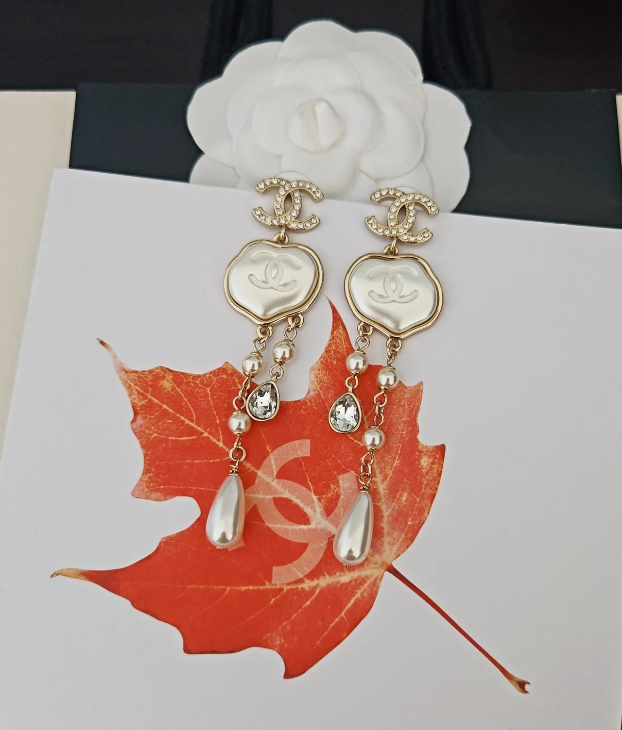 Chanel CC Logo Pearl and Crystal Drop Earrings 4
