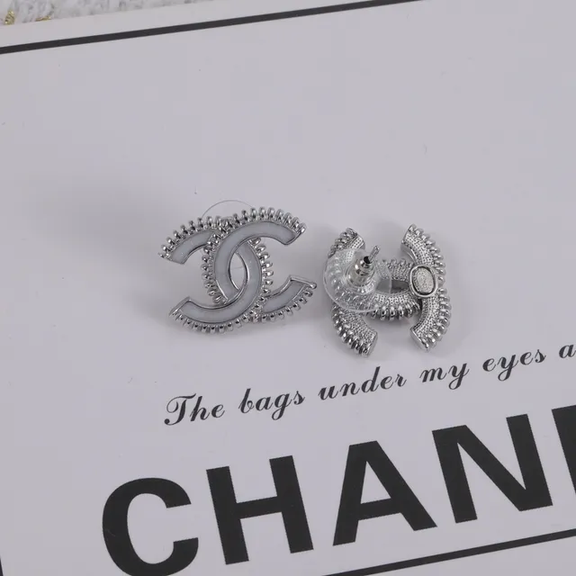 Chanel CC Logo Stud Beige Gold Interlocking Enamel-Filled Earrings 2