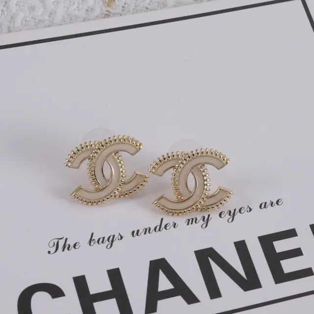 Chanel CC Logo Stud Beige Gold Interlocking Enamel-Filled Earrings 3