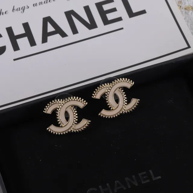 Chanel CC Logo Stud Beige Gold Interlocking Enamel-Filled Earrings 5