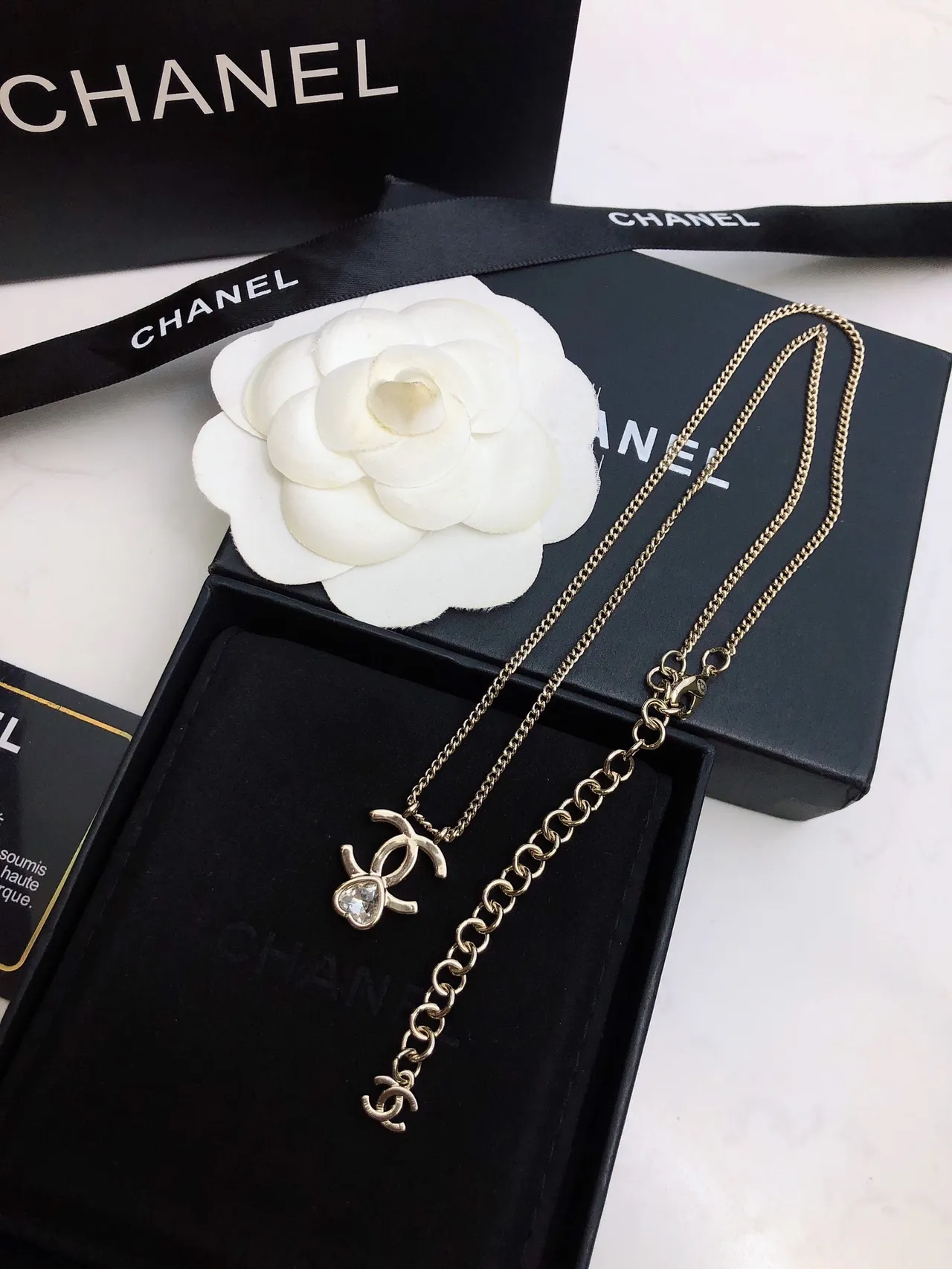 Chanel CC Pendant Necklace Gold White Chain Interlocking Necklace 4