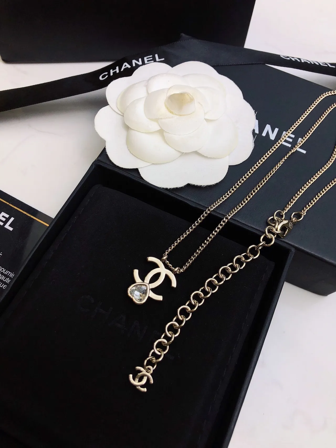 Chanel CC Pendant Necklace Gold White Chain Interlocking Necklace 5