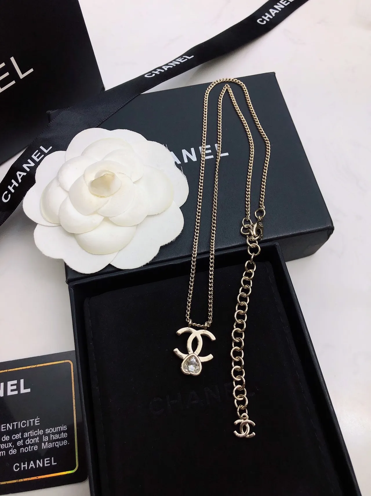 Chanel CC Pendant Necklace Gold White Chain Interlocking Necklace 6