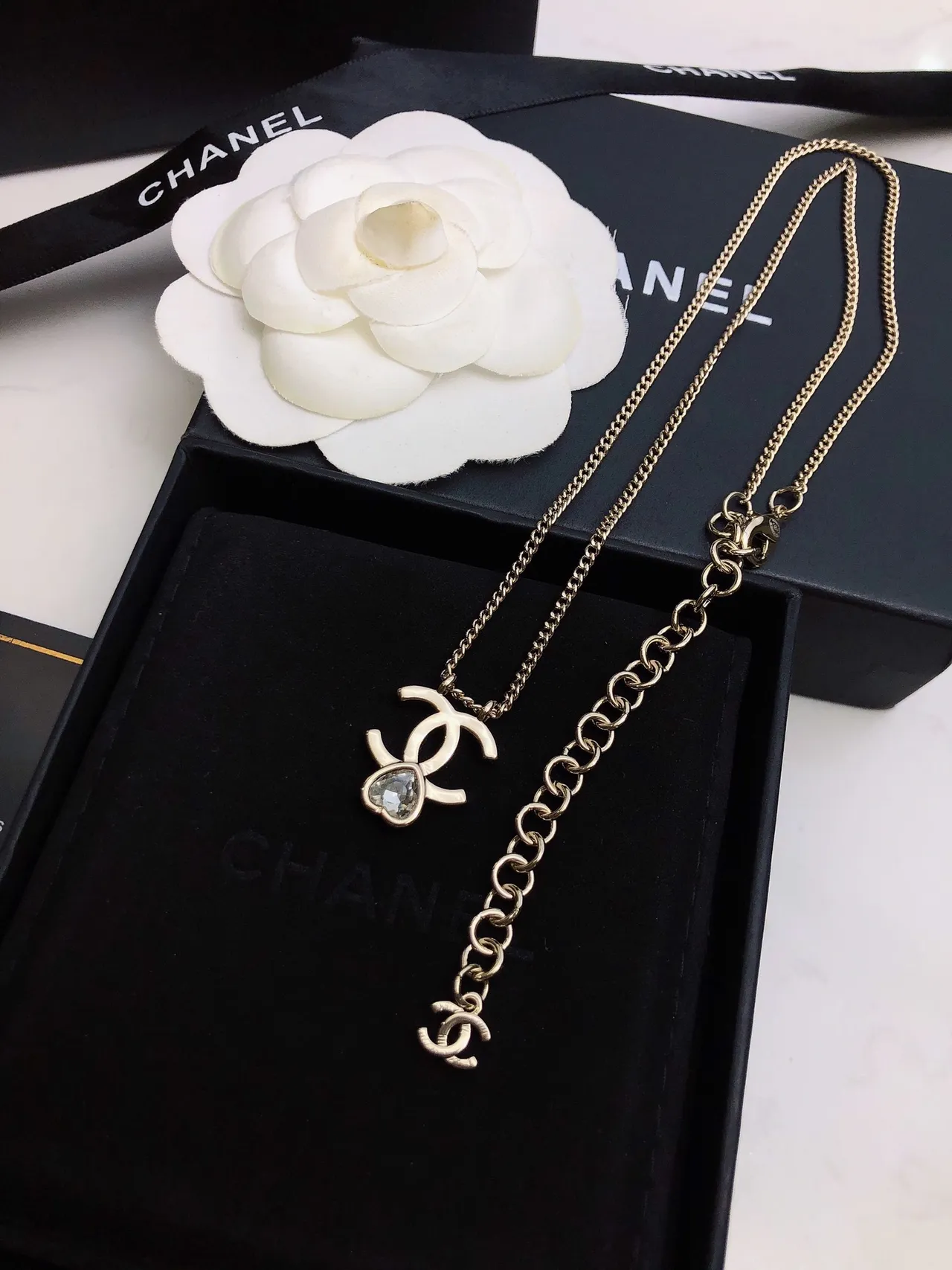 Chanel CC Pendant Necklace Gold White Chain Interlocking Necklace 7