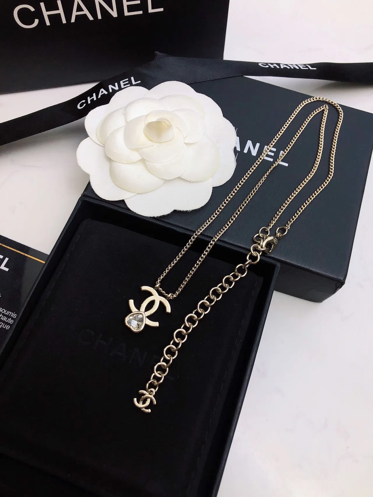 Chanel CC Pendant Necklace Gold White Chain Interlocking Necklace 8