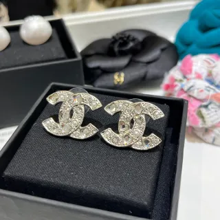 Chanel CC Silver White Interlocking Logo Crystal-Encrusted Earrings