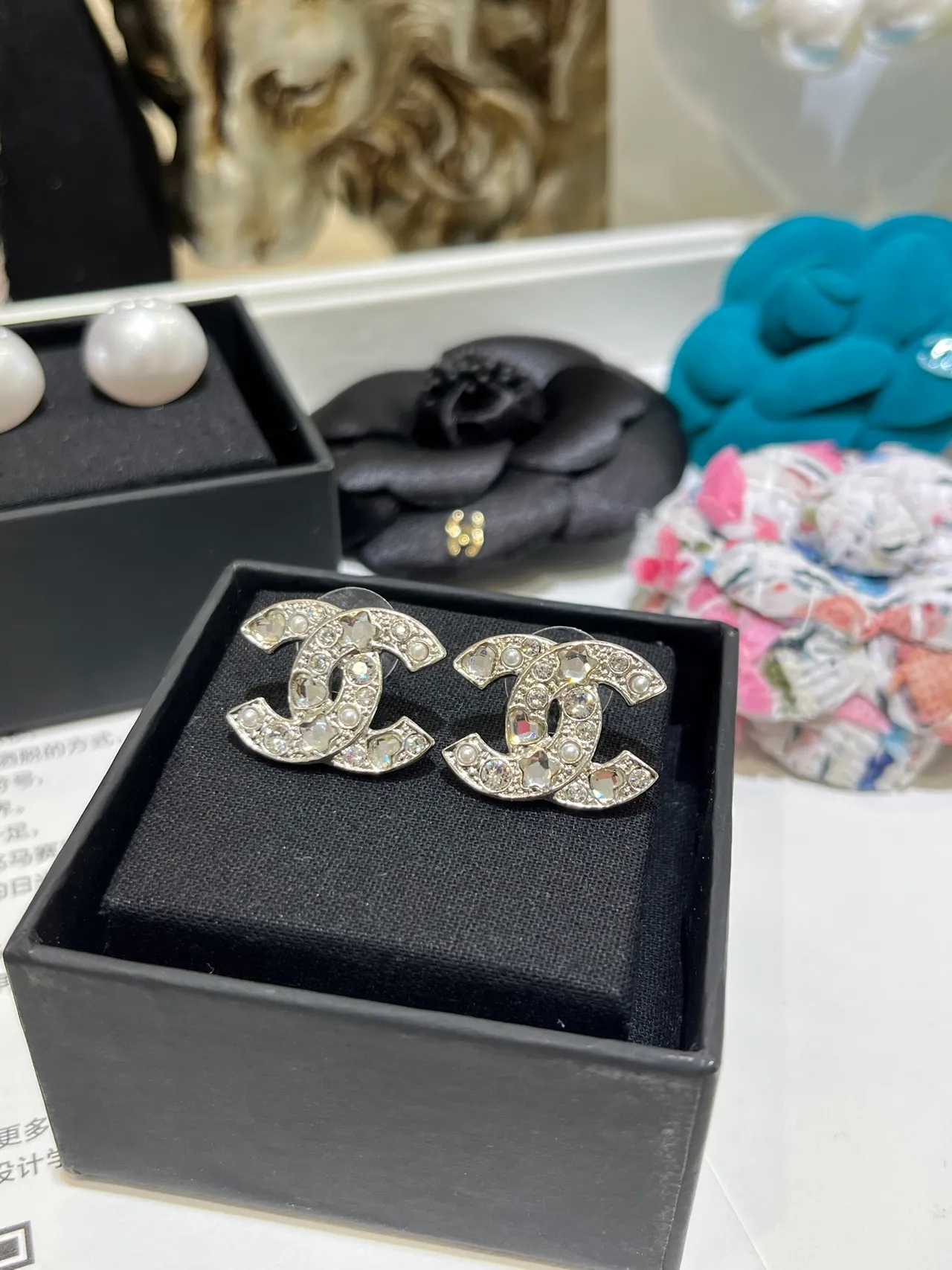Chanel CC Silver White Interlocking Logo Crystal-Encrusted Earrings 3