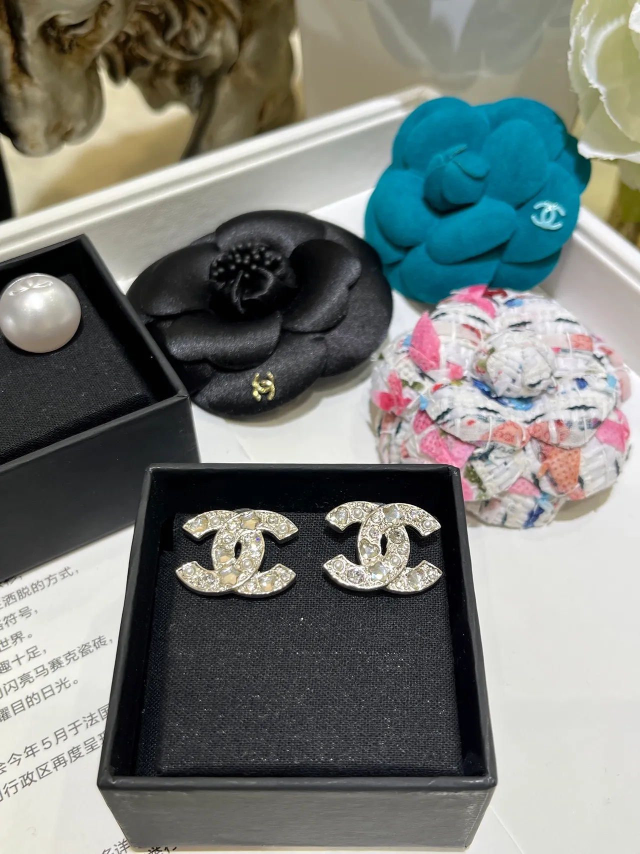Chanel CC Silver White Interlocking Logo Crystal-Encrusted Earrings 4