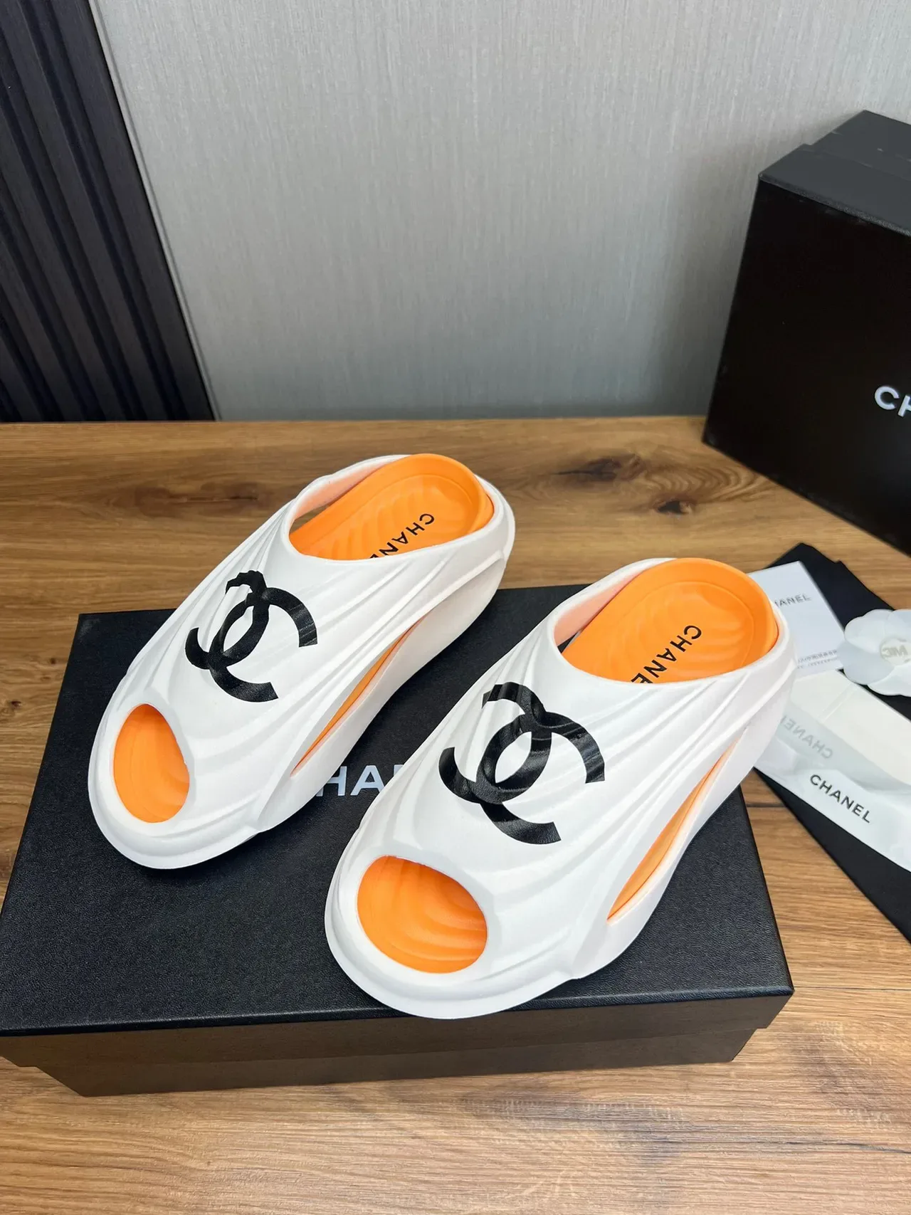 Chanel CC Slide White Orange Molded Rubber-Like Upper Interlocking Logo Slippers 6