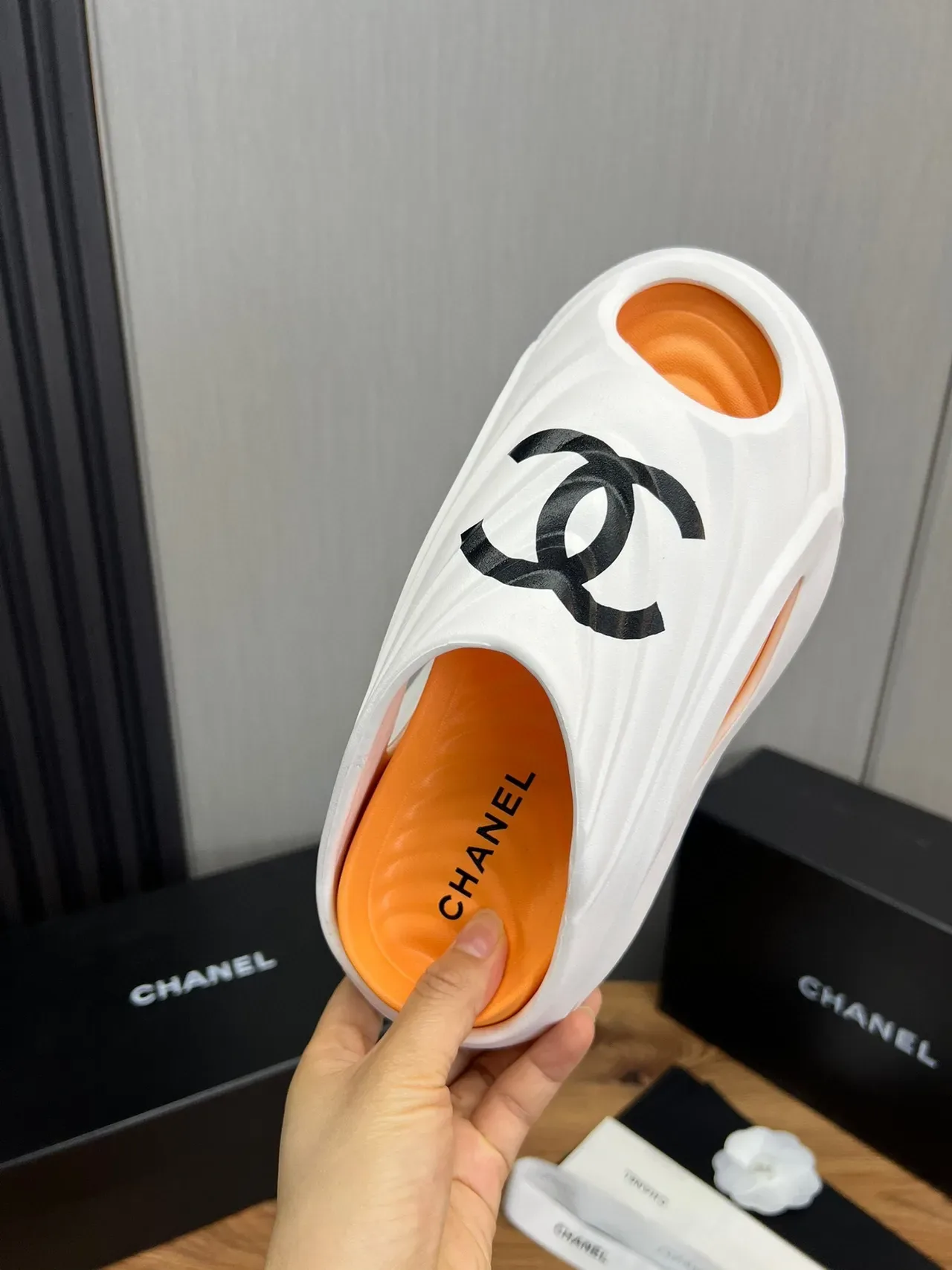 Chanel CC Slide White Orange Molded Rubber-Like Upper Interlocking Logo Slippers 8