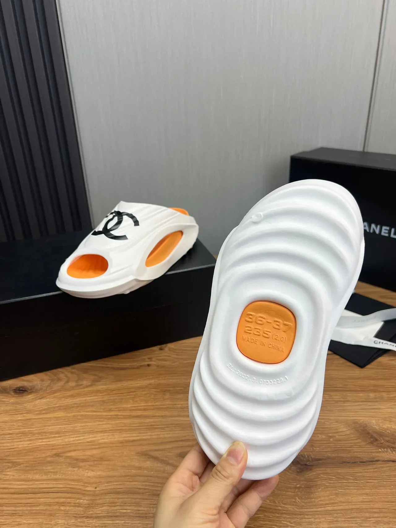 Chanel CC Slide White Orange Molded Rubber-Like Upper Interlocking Logo Slippers 9
