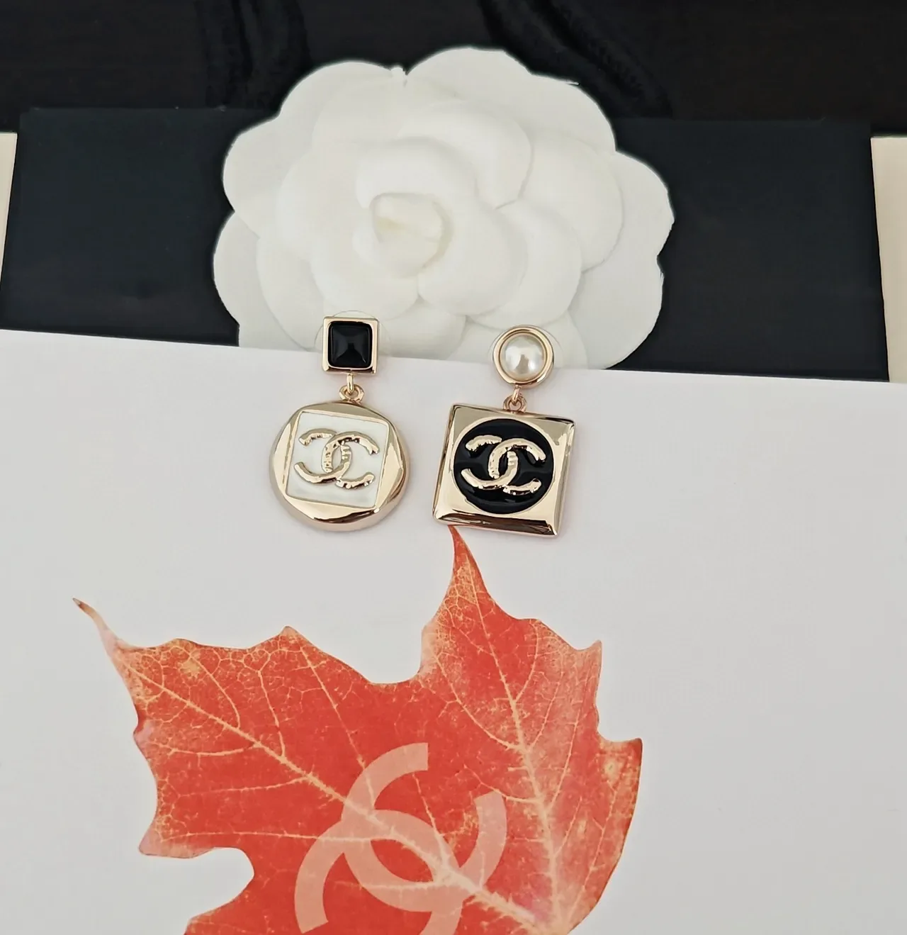 Chanel CC Square Black and White Enamel Pearl Drop Earrings 2