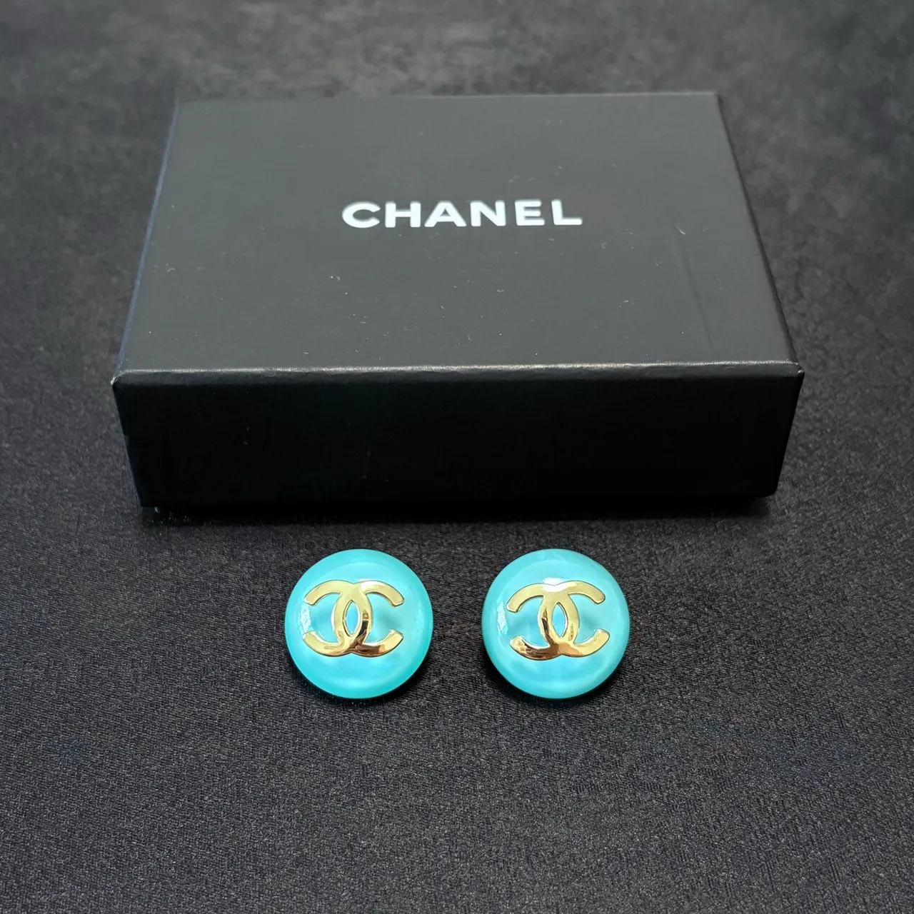 Chanel CC Stud Blue Gold Round Enamel Earrings 2