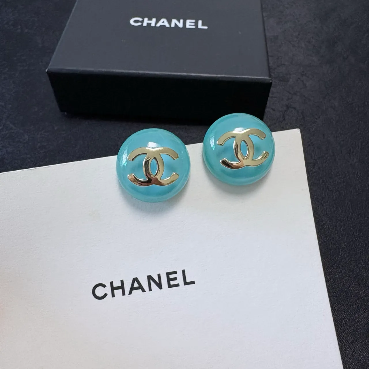 Chanel CC Stud Blue Gold Round Enamel Earrings 4
