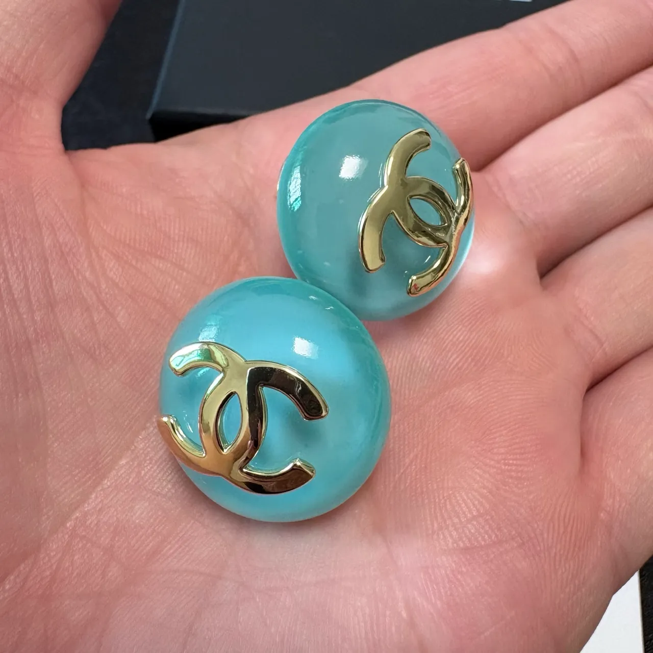 Chanel CC Stud Blue Gold Round Enamel Earrings 5