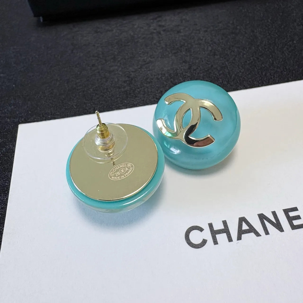 Chanel CC Stud Blue Gold Round Enamel Earrings 6