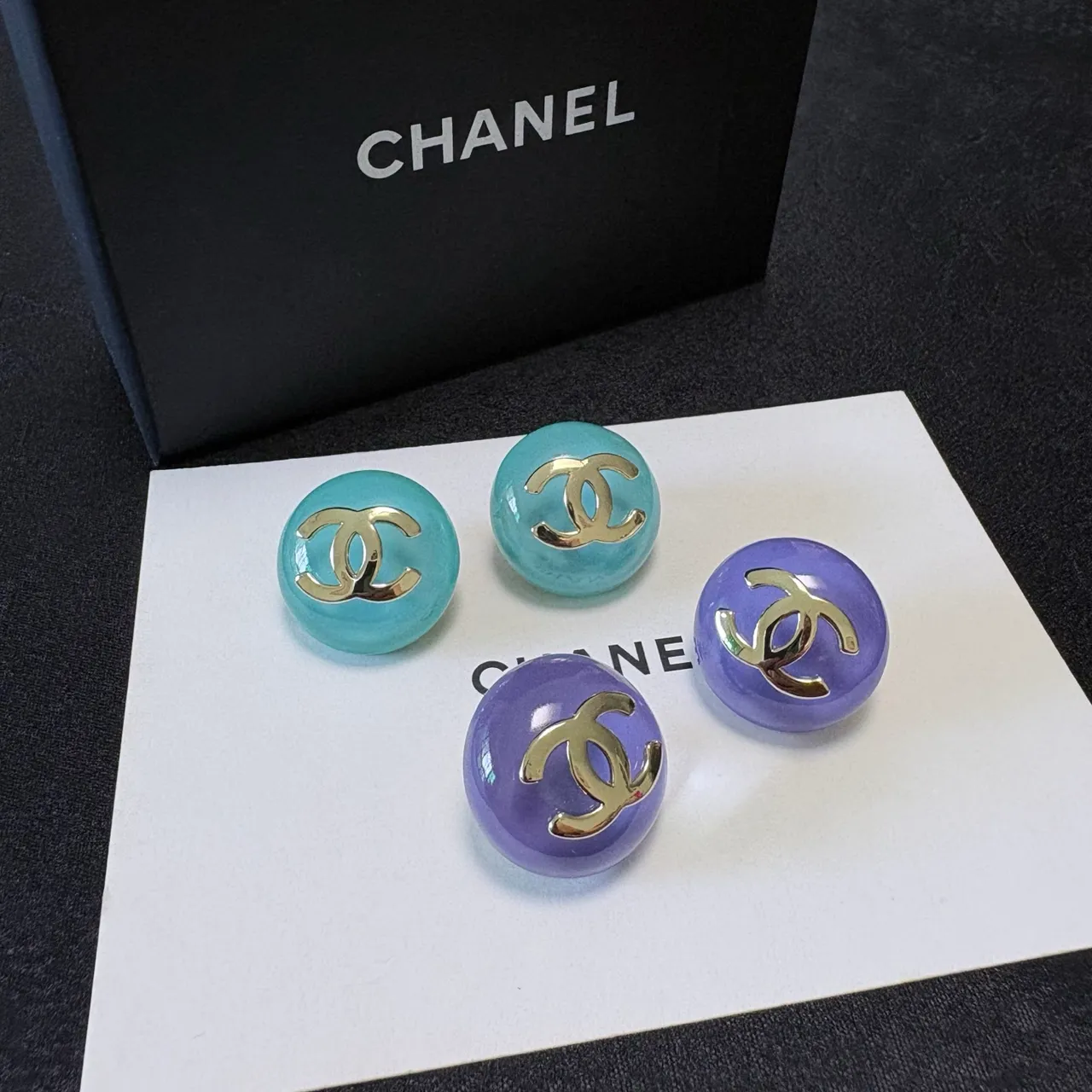 Chanel CC Stud Blue Gold Round Enamel Earrings 7