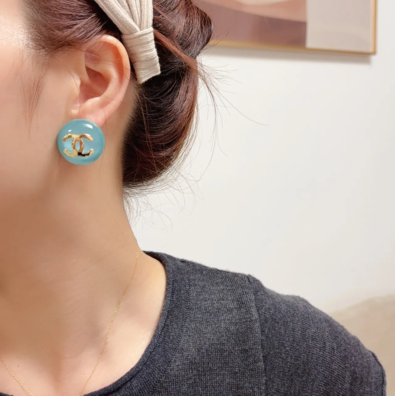 Chanel CC Stud Blue Gold Round Enamel Earrings 8