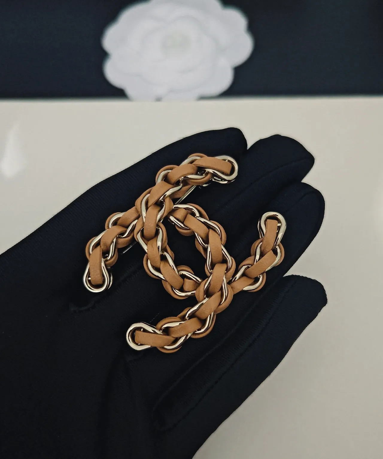 Chanel Chain-Link CC Brooch Beige Silver Woven Leather Interlocking Logo Brooch 2