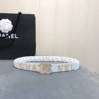 Chanel CHANEL Letter Crystal Belt White Leather Belt