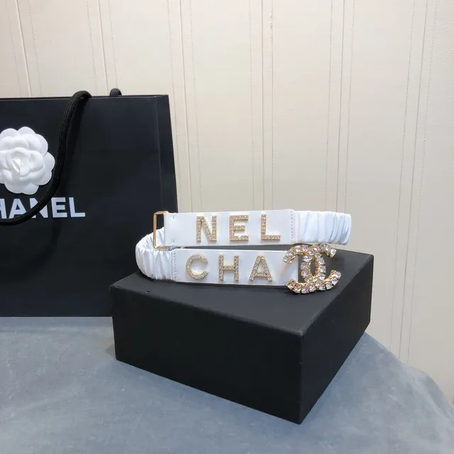 Chanel CHANEL Letter Crystal Belt White Leather Belt 6
