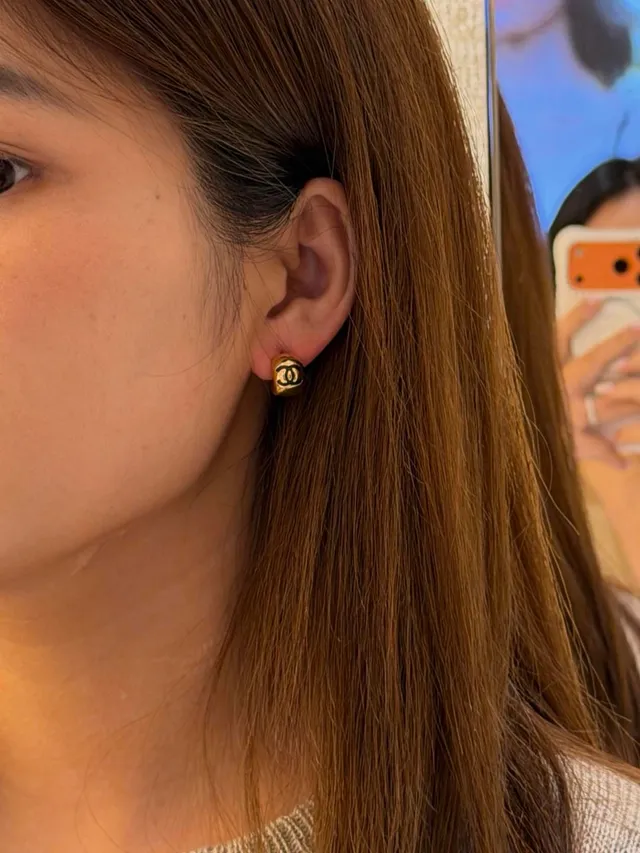Chanel Classic CC Hoop Silver Black Square Studs Interlocking Logo Earrings 2