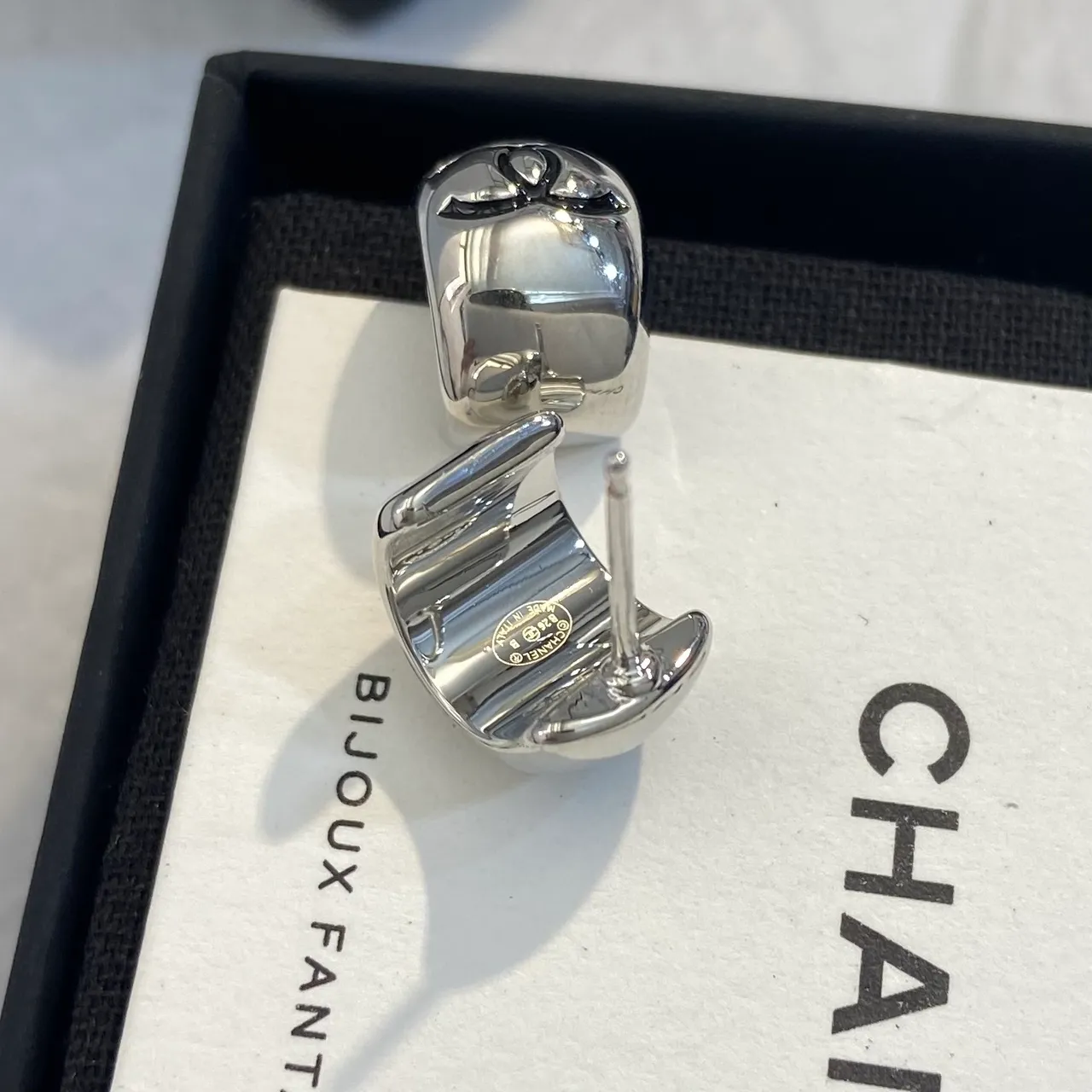 Chanel Classic CC Hoop Silver Black Square Studs Interlocking Logo Earrings 3