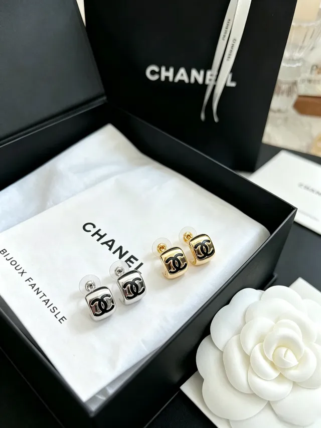 Chanel Classic CC Hoop Silver Black Square Studs Interlocking Logo Earrings 10