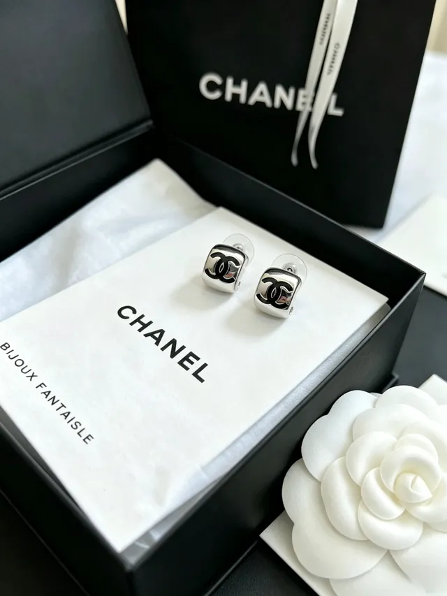 Chanel Classic CC Hoop Silver Black Square Studs Interlocking Logo Earrings 6