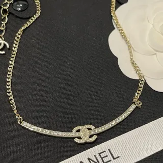 Chanel Crystal Bar Necklace Gold Silver Curb-Link Chain Pendant Necklace