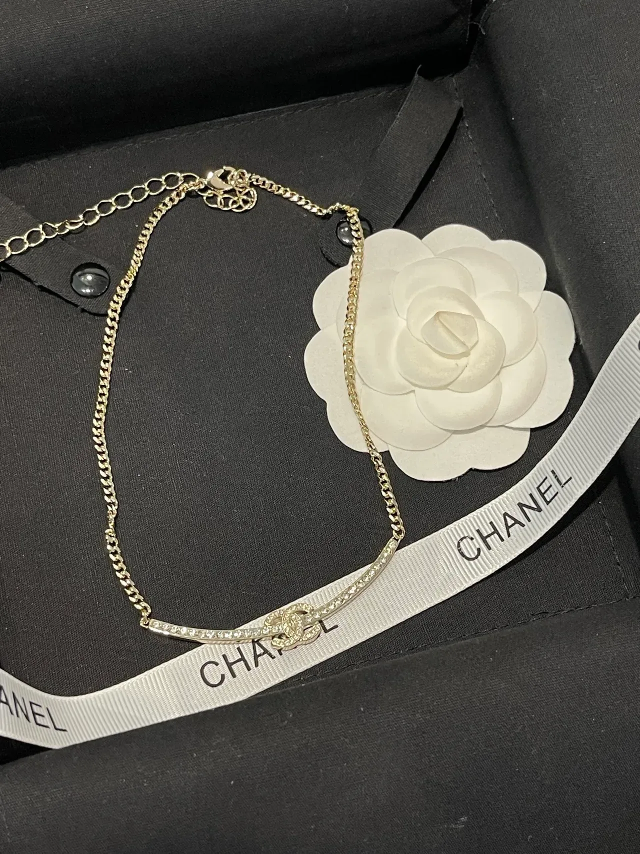 Chanel Crystal Bar Collier Or Argent Curb-Link Chain Pendentif 2