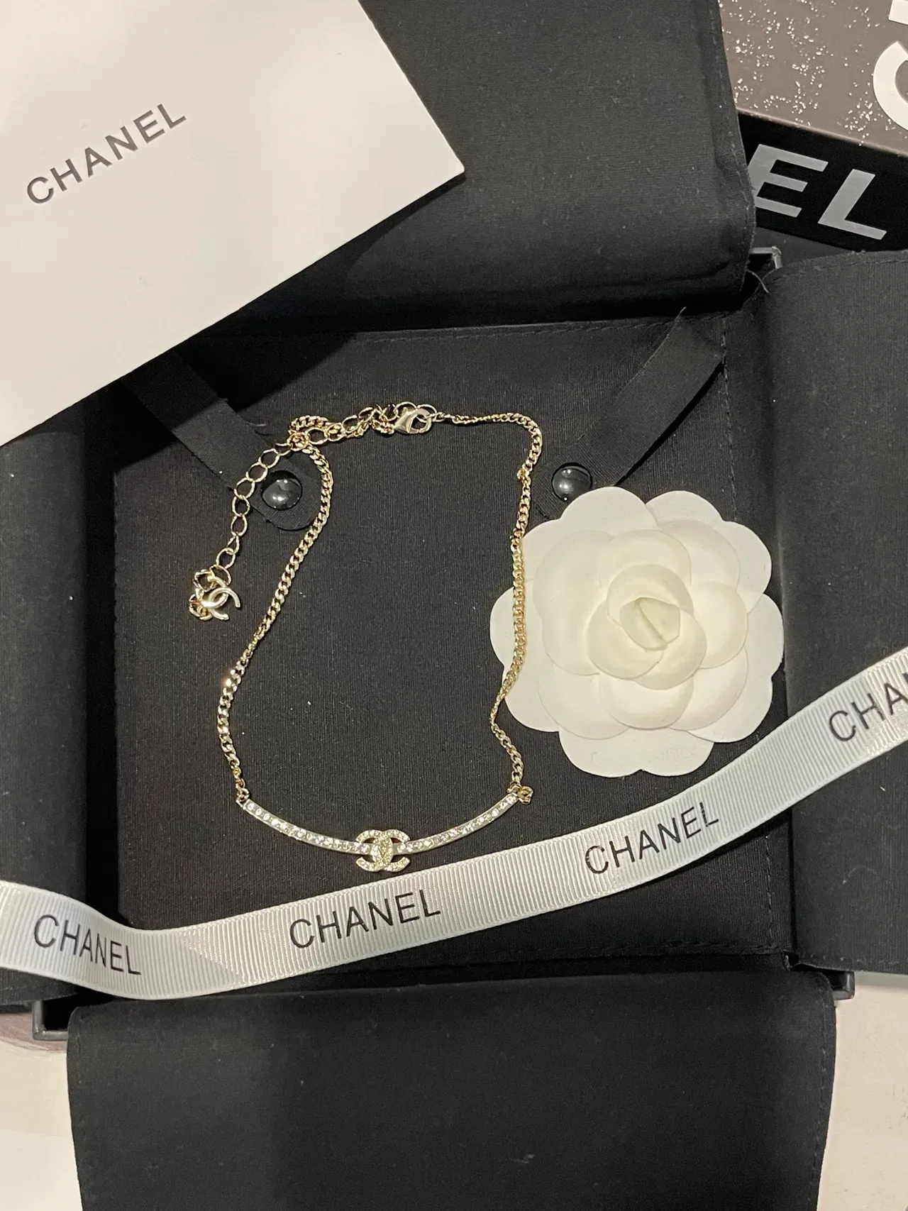 Chanel Crystal Bar Collier Or Argent Curb-Link Chain Pendentif 5