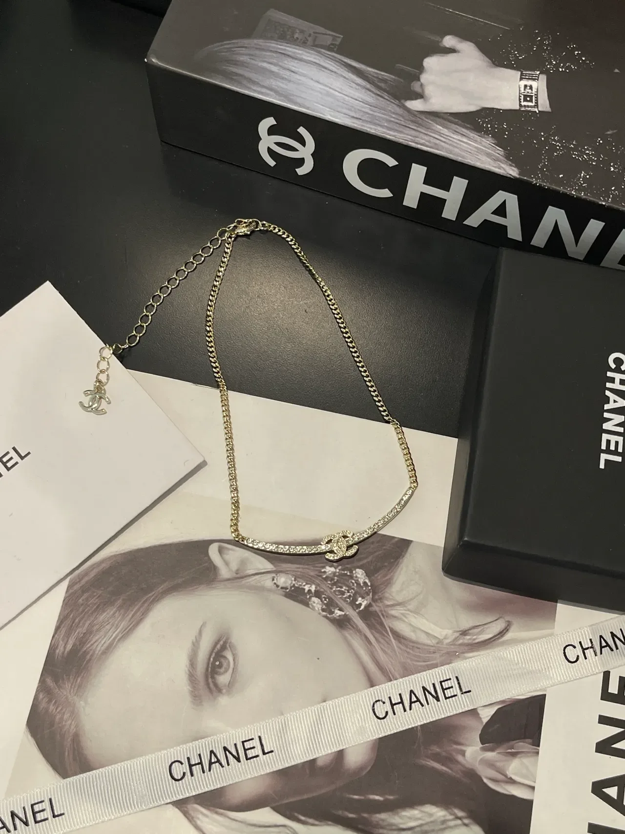 Chanel Crystal Bar Collier Or Argent Curb-Link Chain Pendentif 6