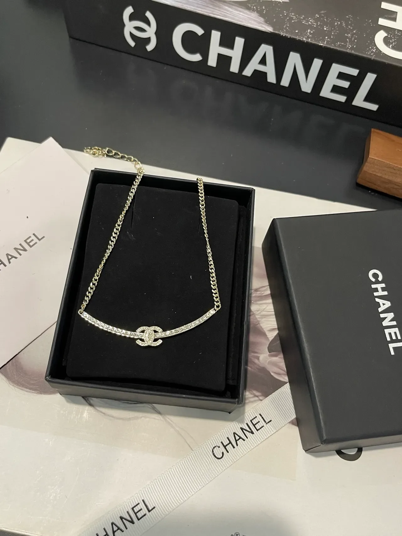 Chanel Crystal Bar Collier Or Argent Curb-Link Chain Pendentif 7