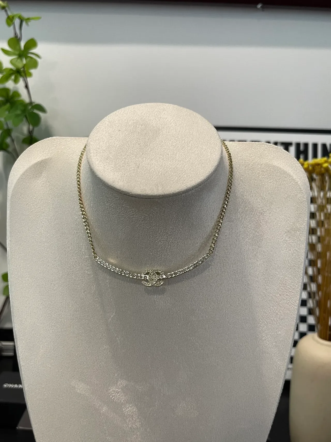 Chanel Crystal Bar Collier Or Argent Curb-Link Chain Pendentif 8