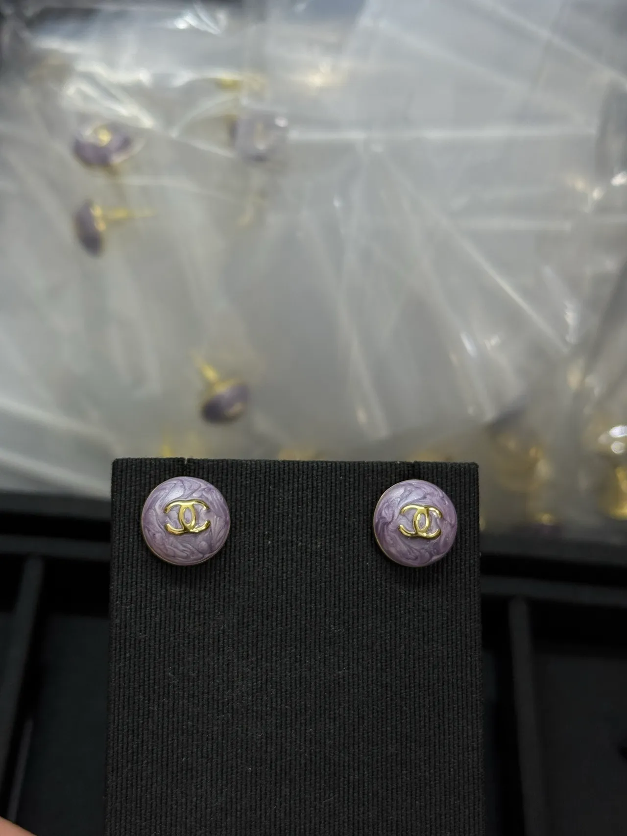 Chanel Enamel CC Logo Button Purple Gold Circular Marbled Lavender Earrings 2