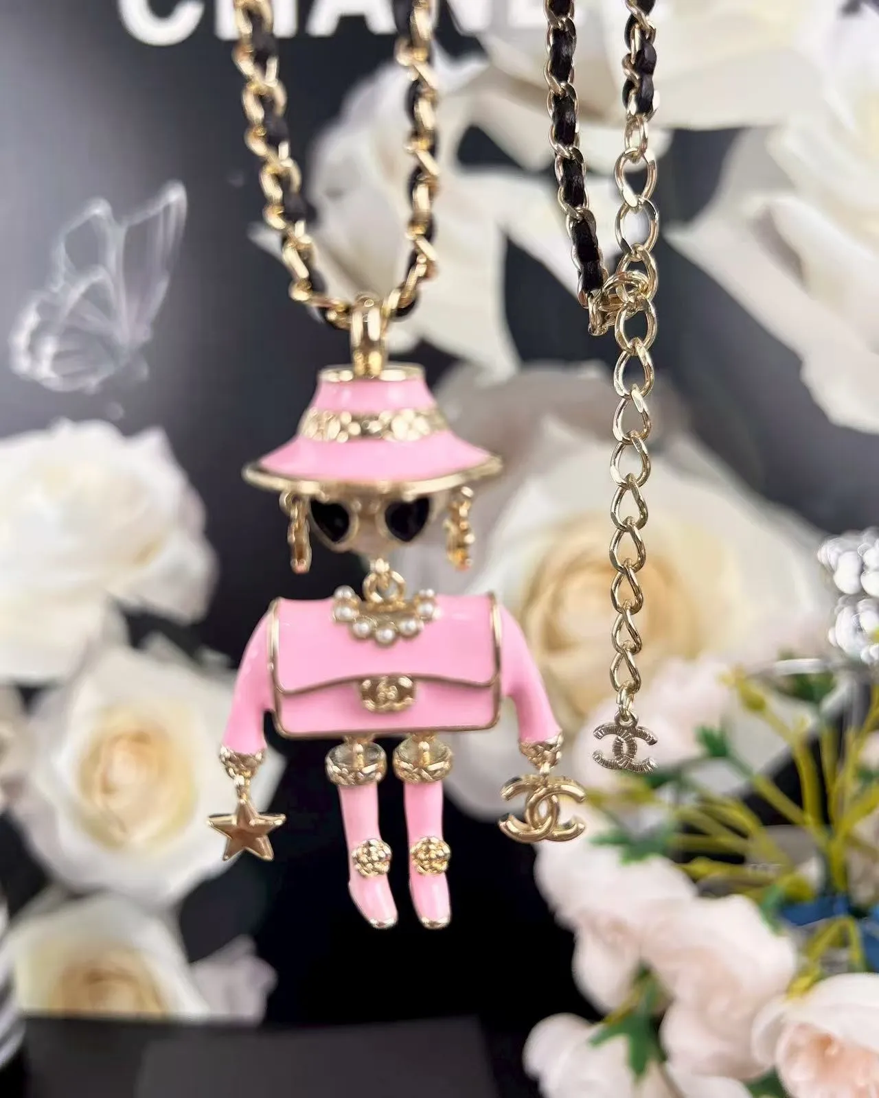 Chanel Figurative CC Charm Pink Silver Enamel Finish Necklace 6