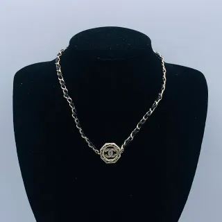 Chanel Gold Black Chain Leather Interspacing Necklace