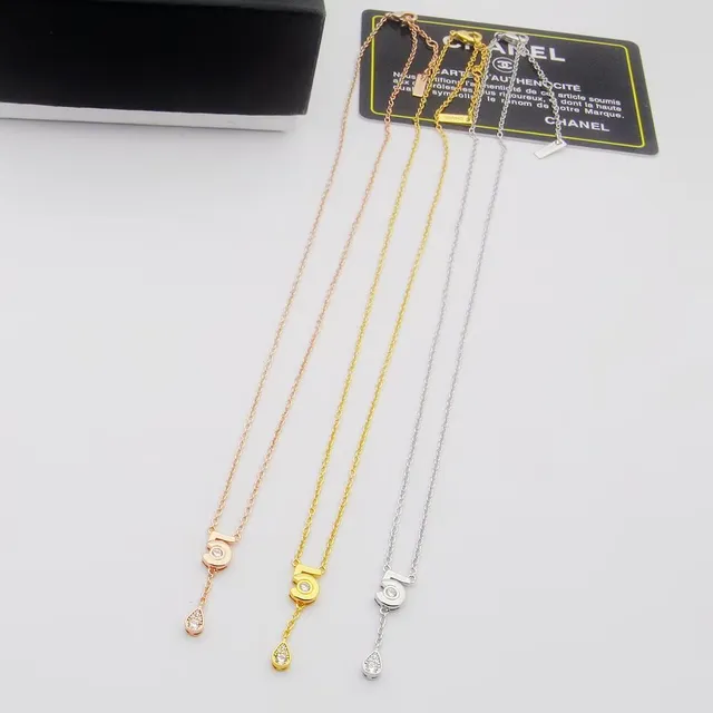 Chanel Gold Silver Numeric '5' Pendant Teardrop Crystal Drop Necklace 9