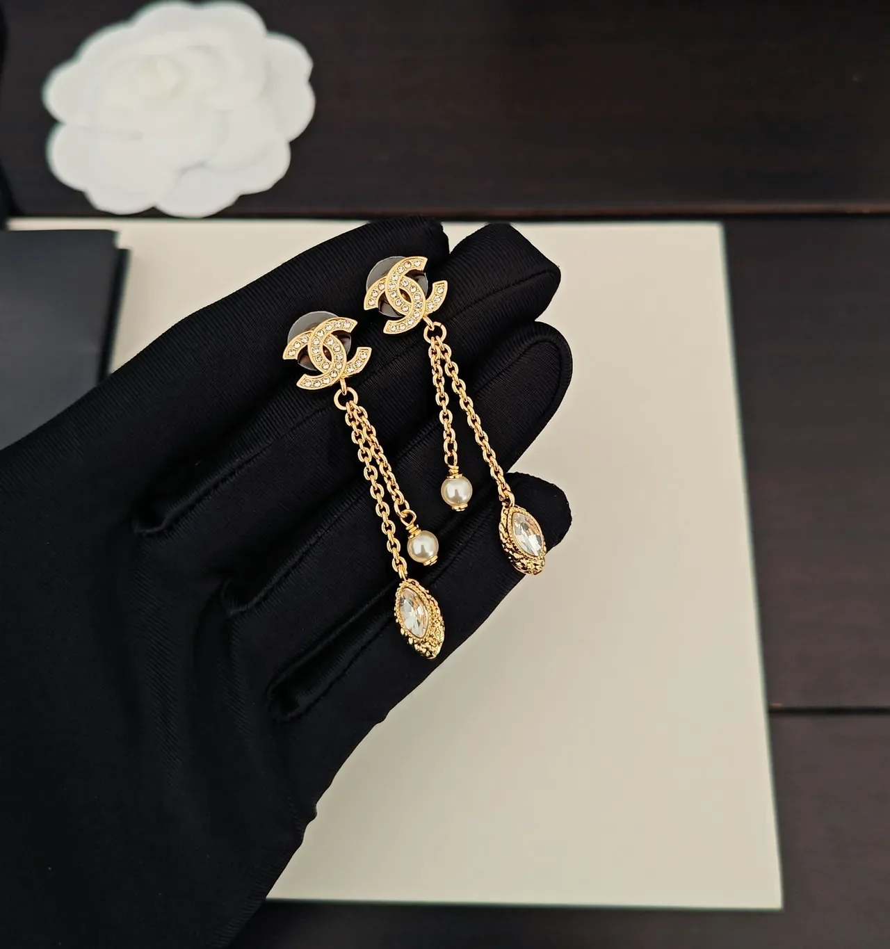 Chanel Gold White CC Logo Earrings 4