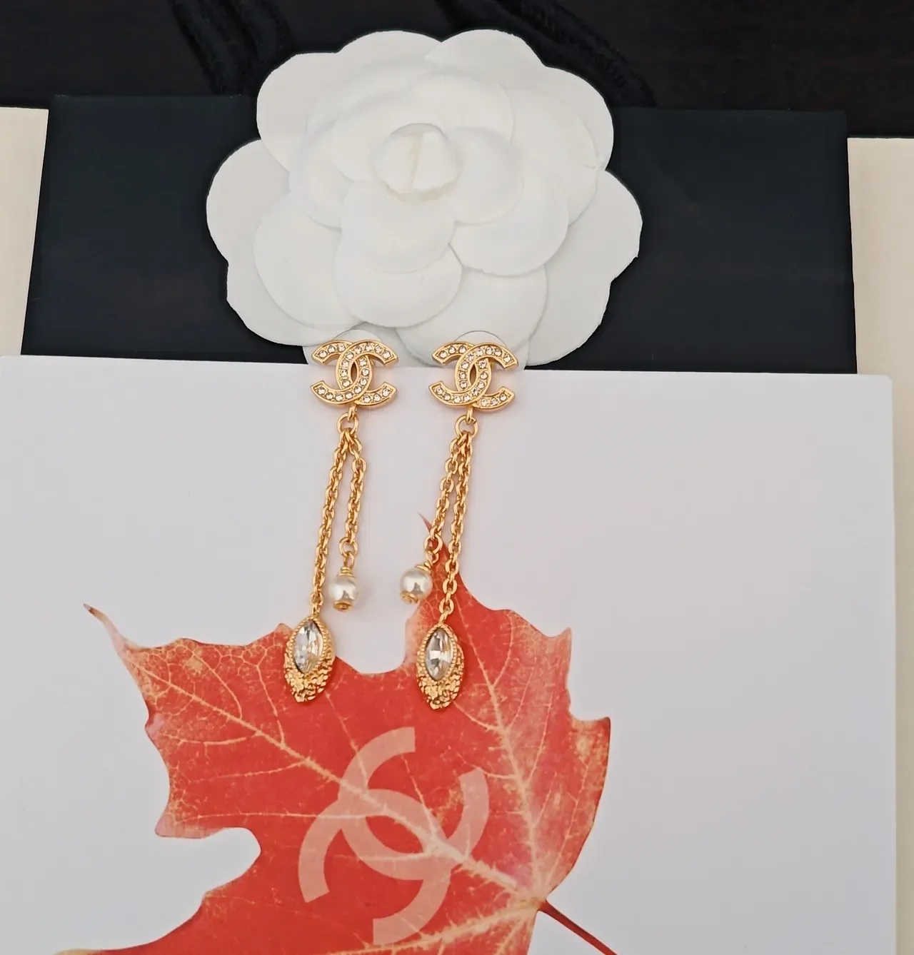 Chanel Gold White CC Logo Earrings 5