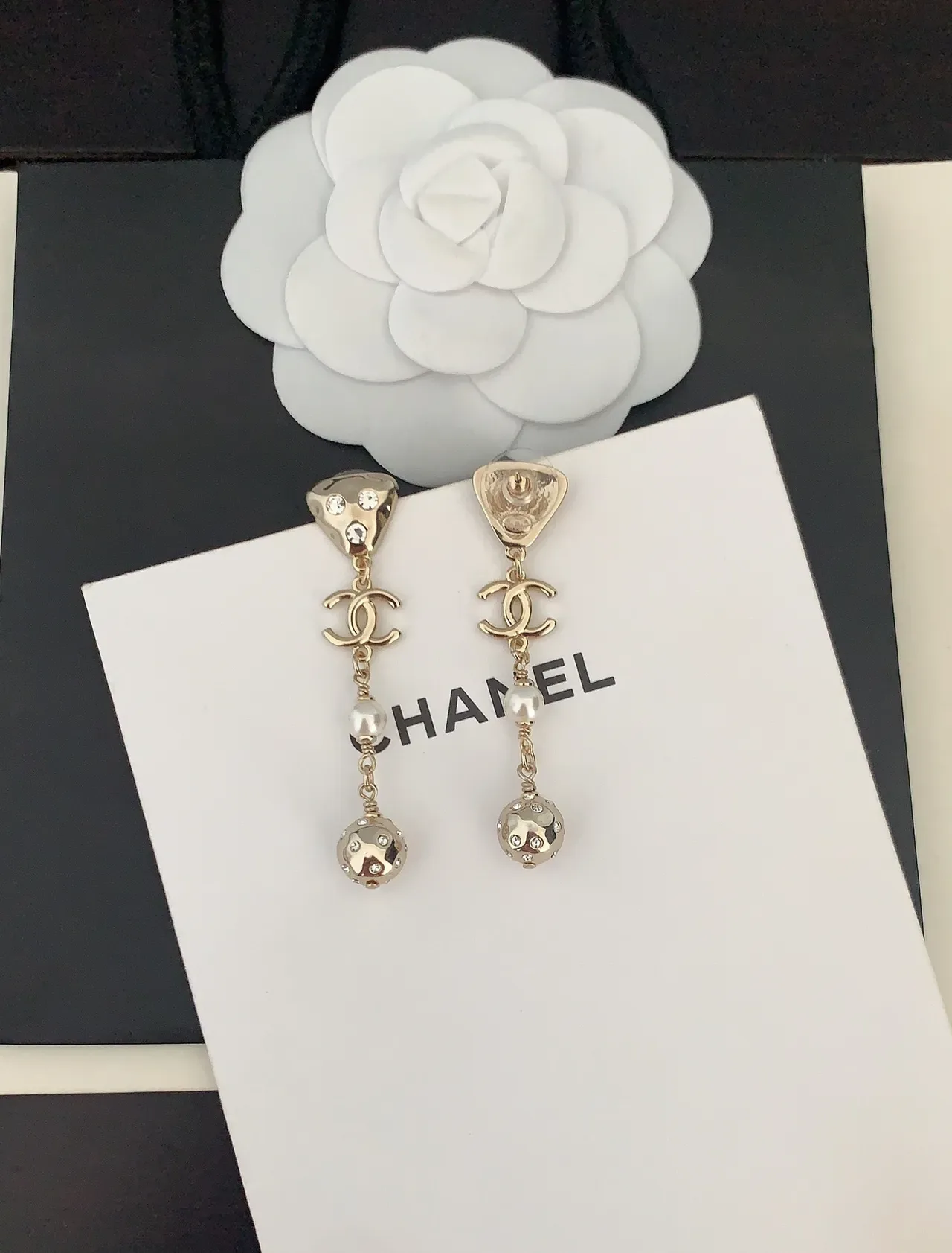 Chanel Gold White Metal Pearl Drop Earrings 2